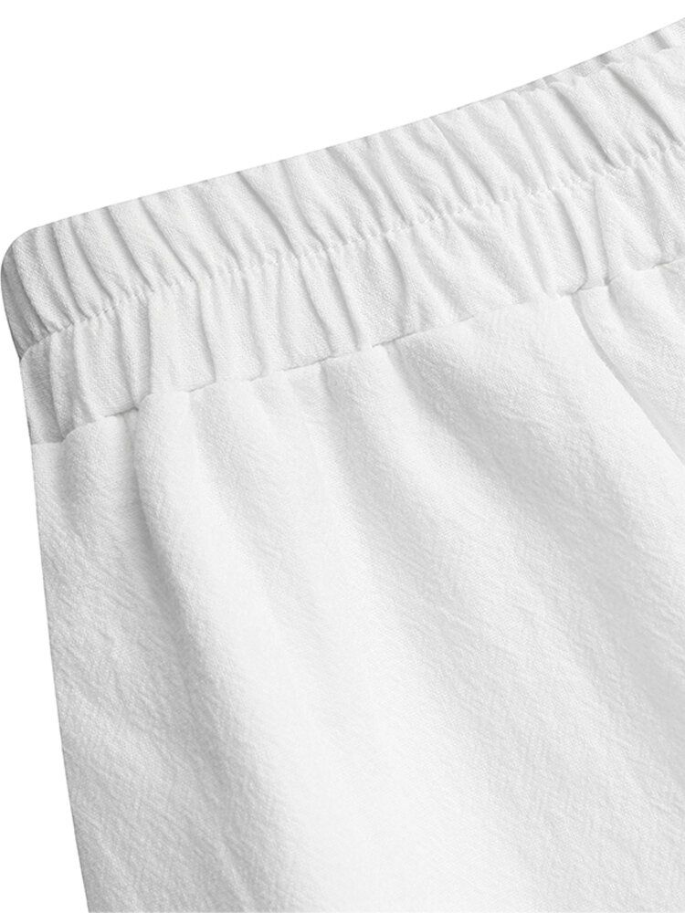 Pantalones De Pierna Ancha De Cintura Elástica Con Bolsillo Lateral De Botón De Color Sólido De Algodón Para Mujer