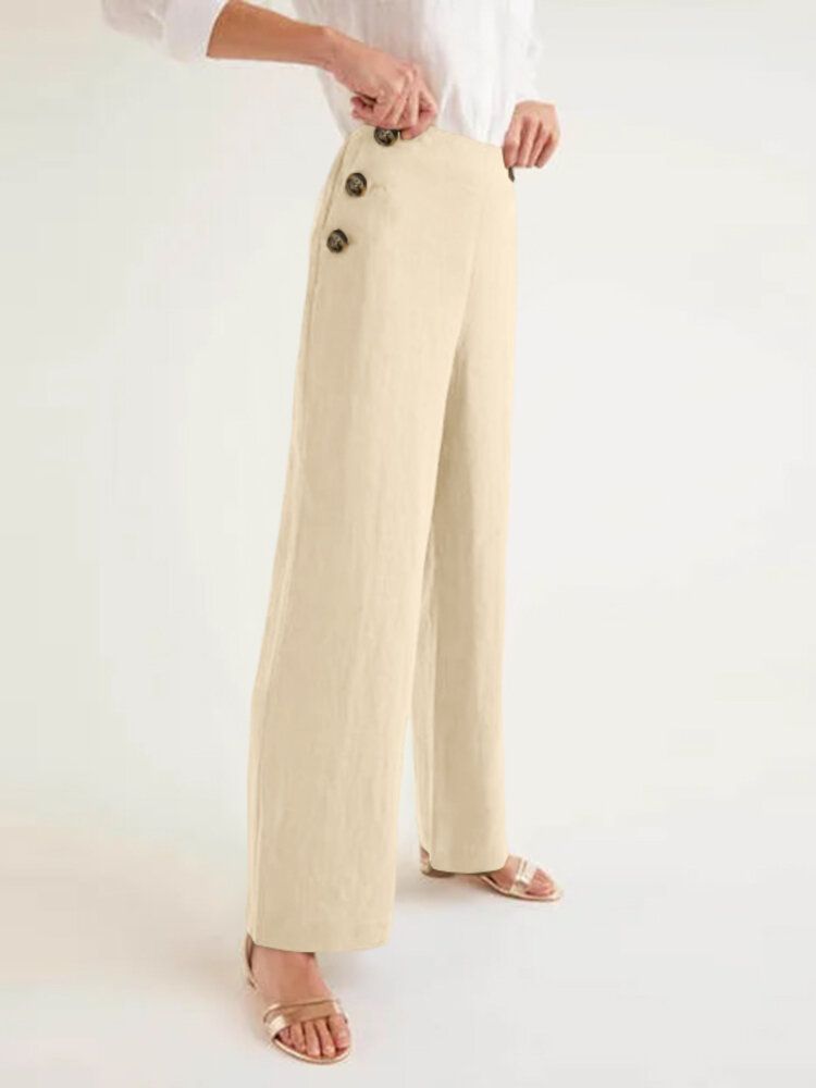 Pantalones De Pierna Ancha Con Botones Laterales De Cintura Alta Con Cremallera Para Mujer Pantalones Casuales Con Bolsillo