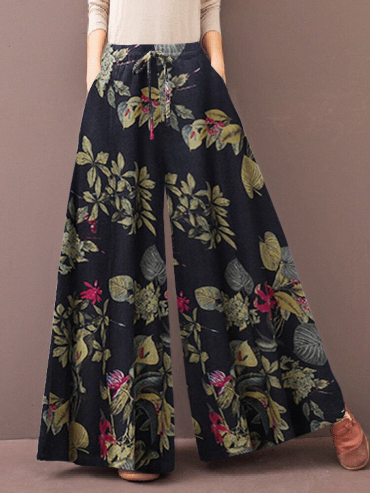 Pantalones De Pierna Ancha Con Cordón Y Estampado Floral Vintage Para Mujer Con Bolsillo