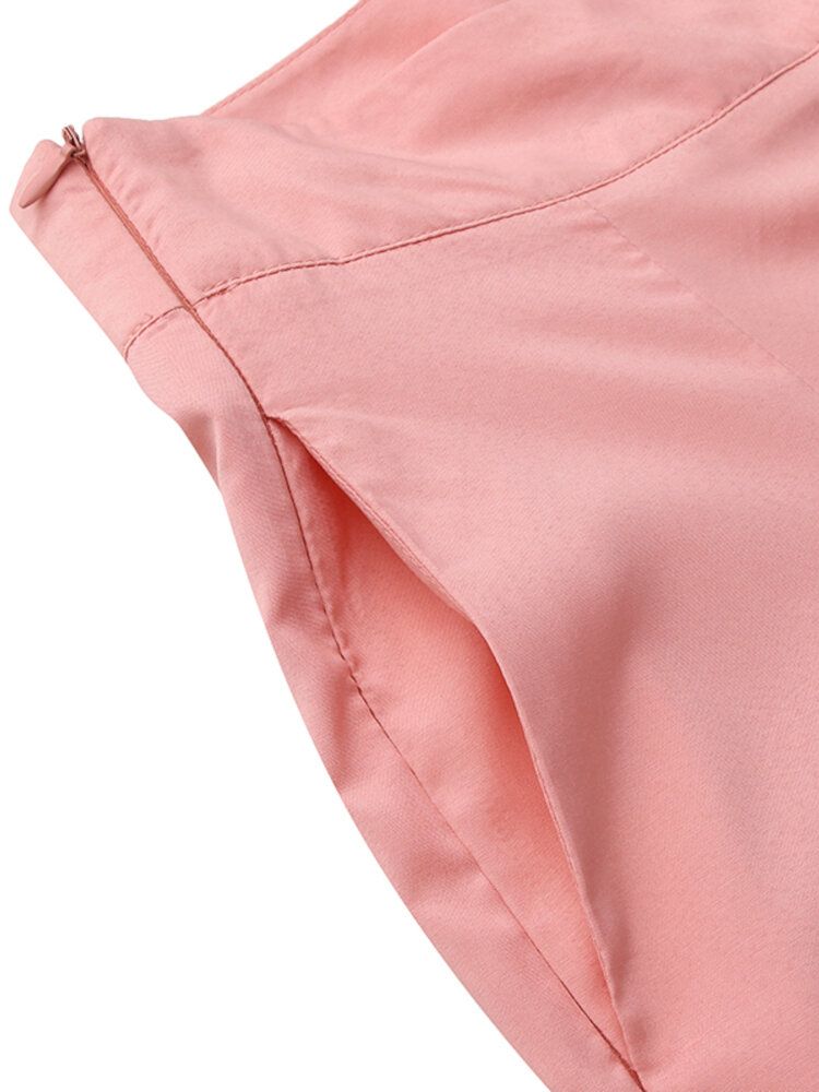 Pantalones De Pierna Ancha Con Cremallera De Cintura Alta De Color Sólido Para Mujer Con Bolsillo