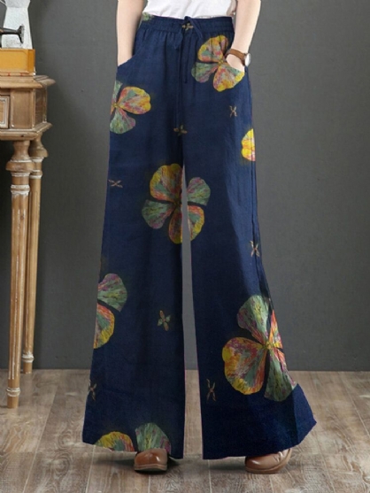 Pantalones De Pierna Ancha Holgados Con Cordón Vintage Con Estampado De Hojas De Mujer Con Bolsillos