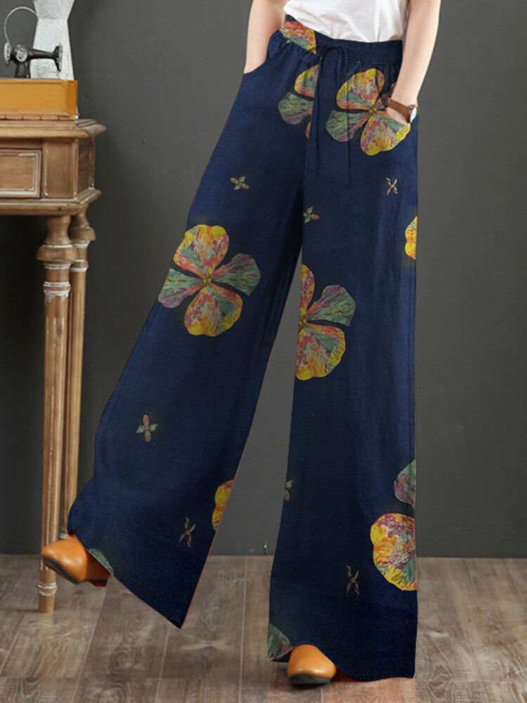 Pantalones De Pierna Ancha Holgados Con Cordón Vintage Con Estampado De Hojas De Mujer Con Bolsillos