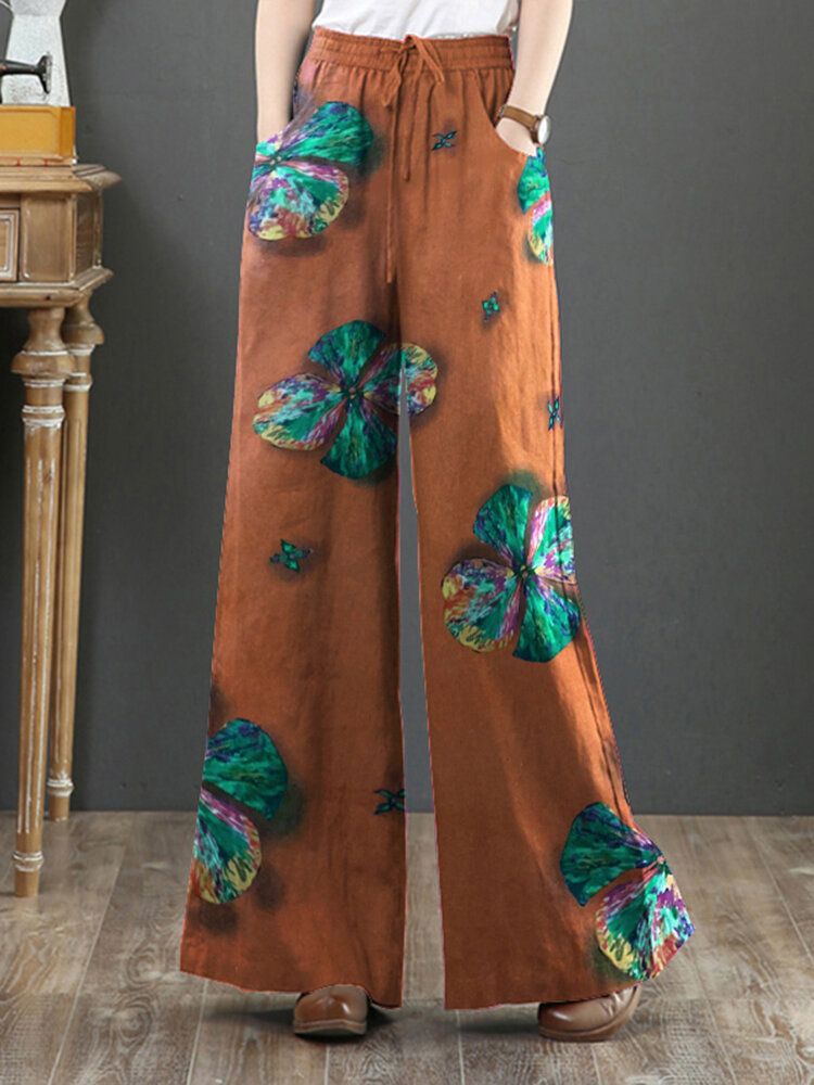 Pantalones De Pierna Ancha Holgados Con Cordón Vintage Con Estampado De Hojas De Mujer Con Bolsillos