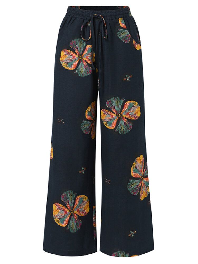 Pantalones De Pierna Ancha Holgados Con Cordón Vintage Con Estampado De Hojas De Mujer Con Bolsillos