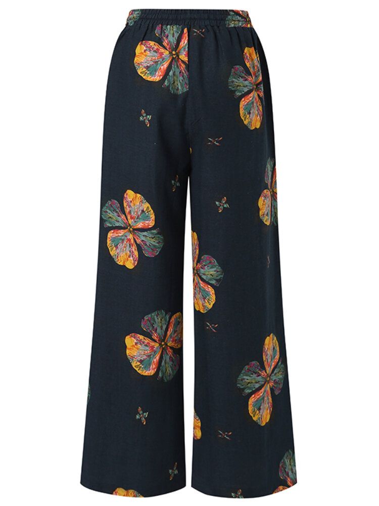 Pantalones De Pierna Ancha Holgados Con Cordón Vintage Con Estampado De Hojas De Mujer Con Bolsillos