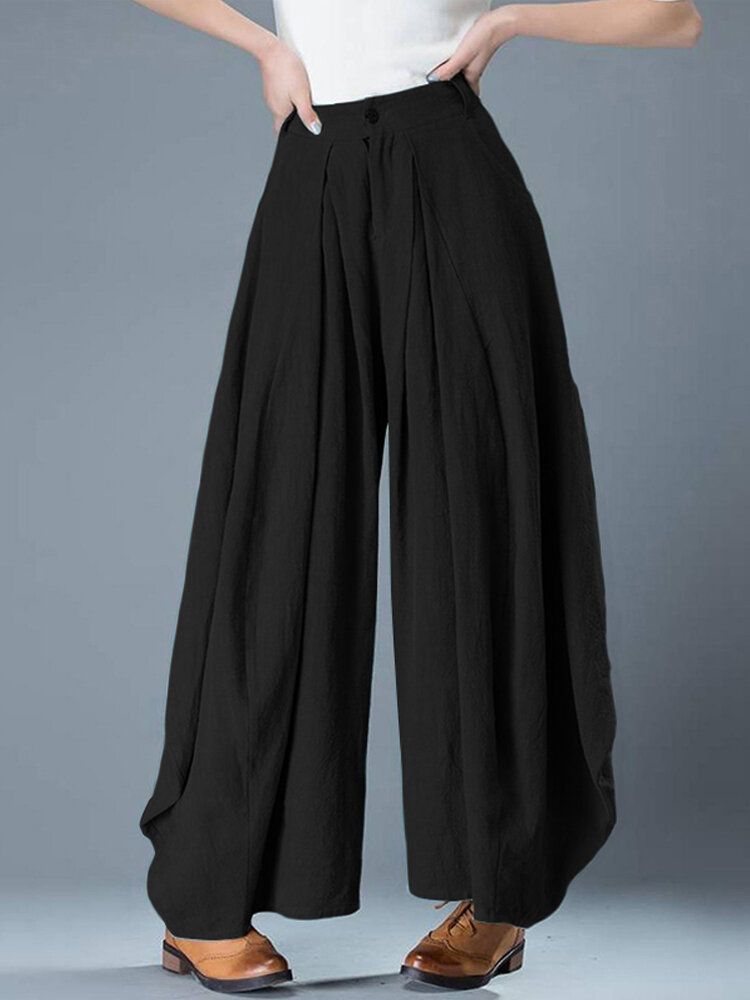 Pantalones De Pierna Ancha Holgados Vintage Con Pliegues De Algodón De Color Sólido Para Mujer