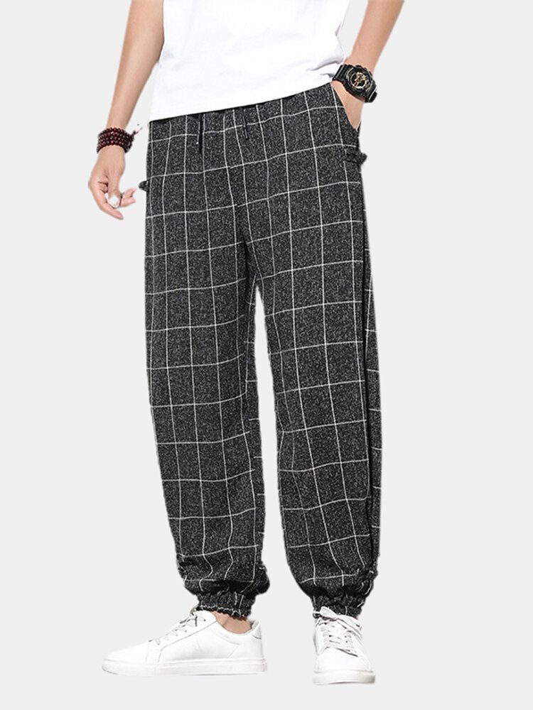 Pantalones De Pies De Haz Con Cordón De Cintura Elástica Informal Con Hebilla De Impresión A Cuadros Para Hombre