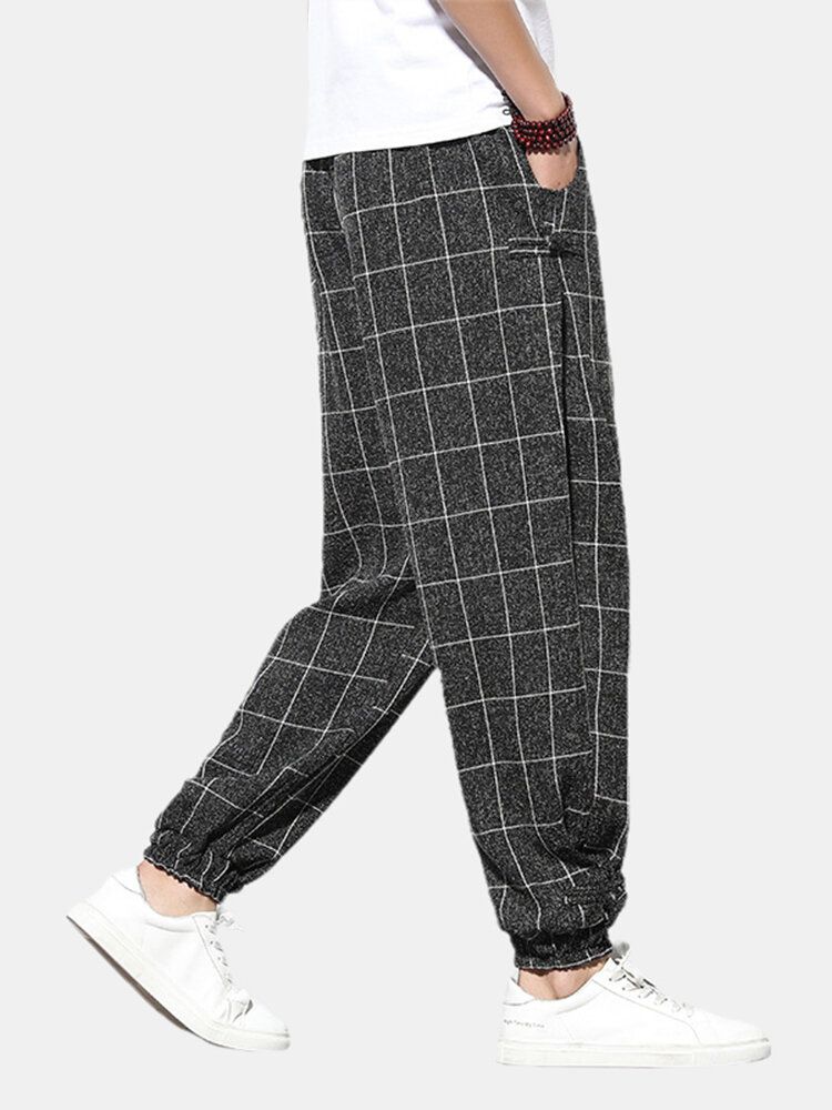 Pantalones De Pies De Haz Con Cordón De Cintura Elástica Informal Con Hebilla De Impresión A Cuadros Para Hombre