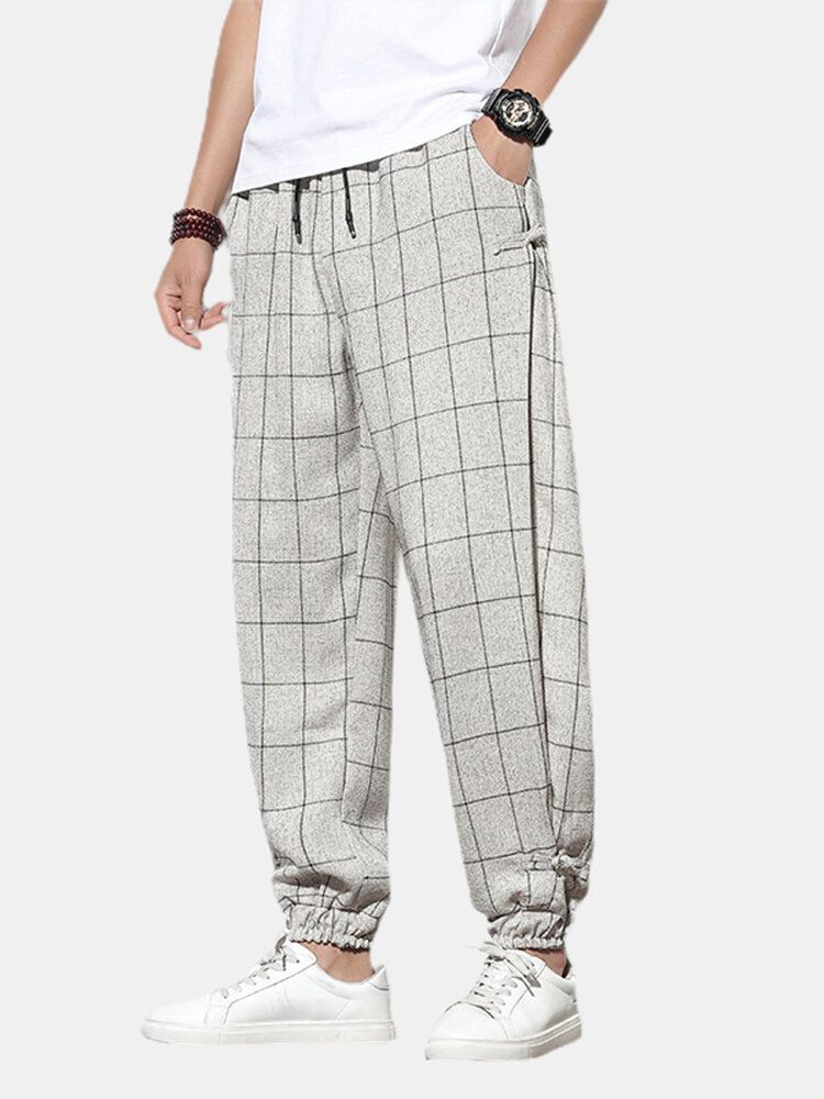 Pantalones De Pies De Haz Con Cordón De Cintura Elástica Informal Con Hebilla De Impresión A Cuadros Para Hombre