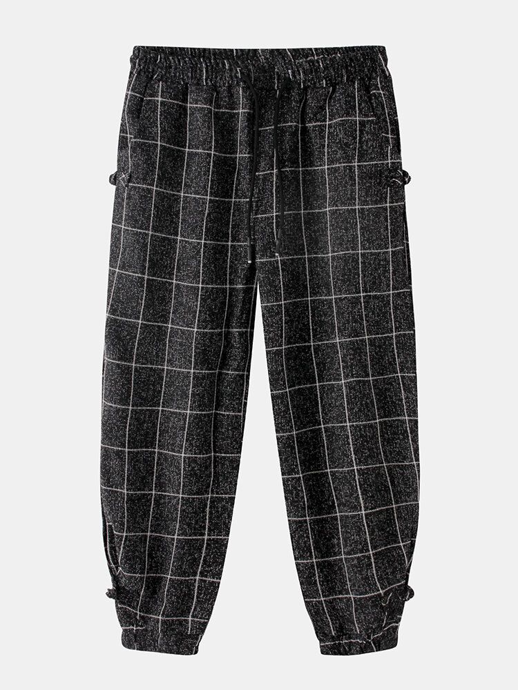 Pantalones De Pies De Haz Con Cordón De Cintura Elástica Informal Con Hebilla De Impresión A Cuadros Para Hombre