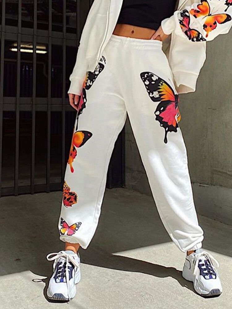 Pantalones De Pies De Viga Casual De Ajuste Regular Con Cintura Elástica Con Estampado Lateral De Mariposa Para Mujer