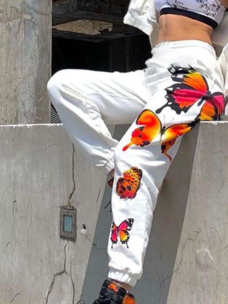 Pantalones De Pies De Viga Casual De Ajuste Regular Con Cintura Elástica Con Estampado Lateral De Mariposa Para Mujer