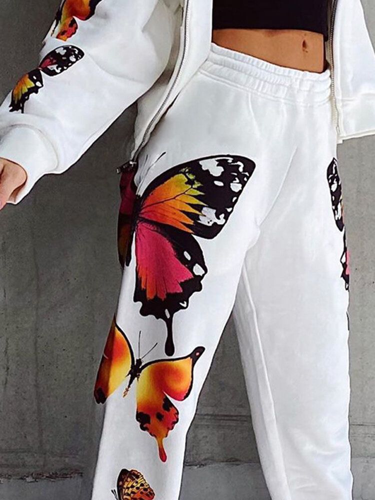 Pantalones De Pies De Viga Casual De Ajuste Regular Con Cintura Elástica Con Estampado Lateral De Mariposa Para Mujer