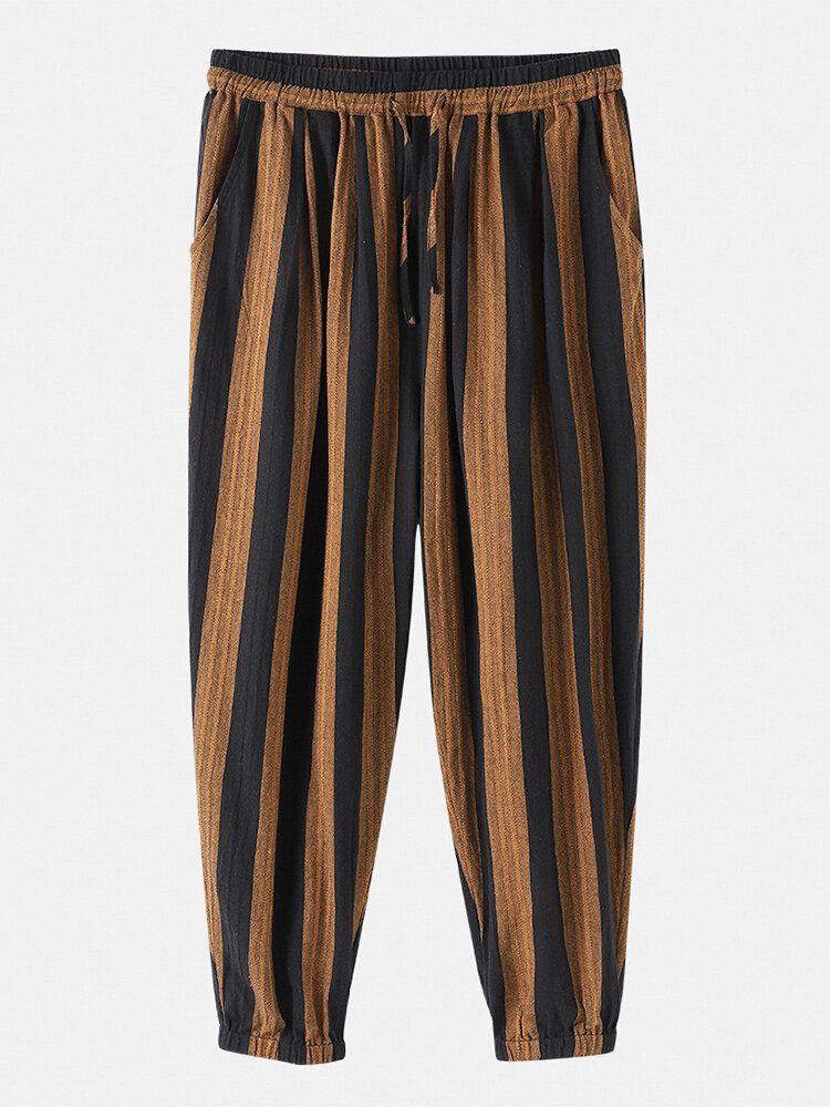 Pantalones De Pies De Viga Con Cordón Informal 100% Algodón A Rayas Para Hombre