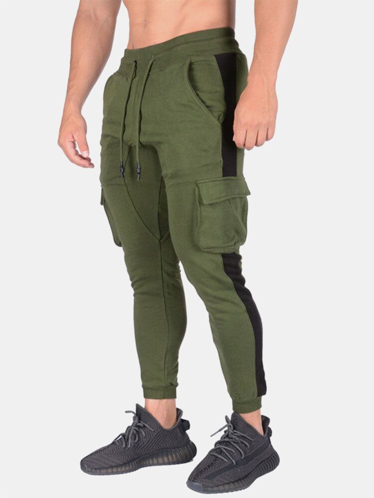 Pantalones De Pies De Viga Con Cordón Informal De Algodón A Rayas Laterales Para Hombre Con Bolsillo Con Solapa