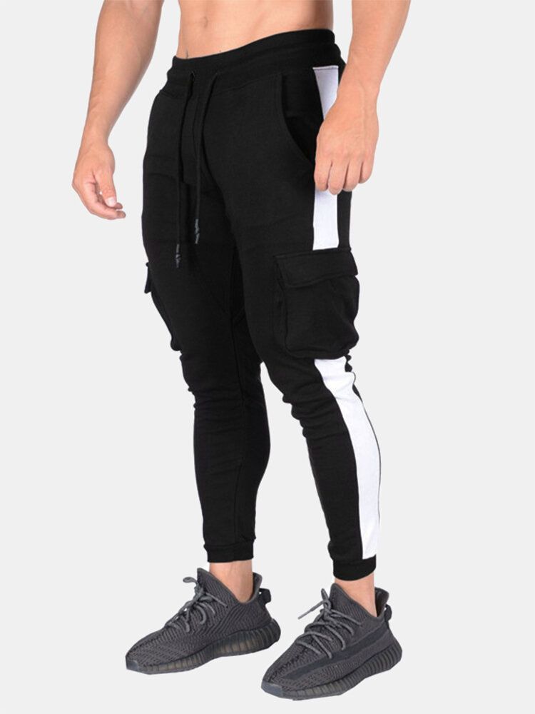 Pantalones De Pies De Viga Con Cordón Informal De Algodón A Rayas Laterales Para Hombre Con Bolsillo Con Solapa