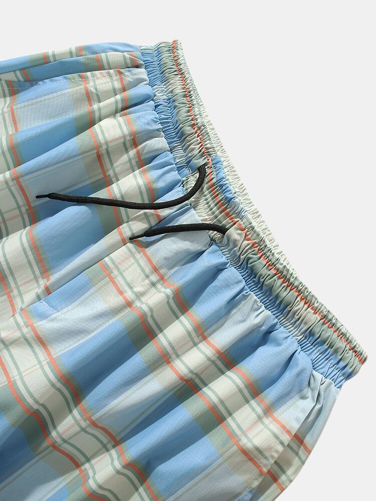 Pantalones De Puño Con Cordón De Ajuste Relajado A Cuadros Para Hombre Con Bolsillo