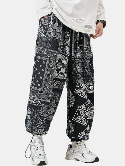 Pantalones De Puño Con Cordón De Ajuste Relajado De Algodón Con Estampado Étnico De Paisley Para Hombre