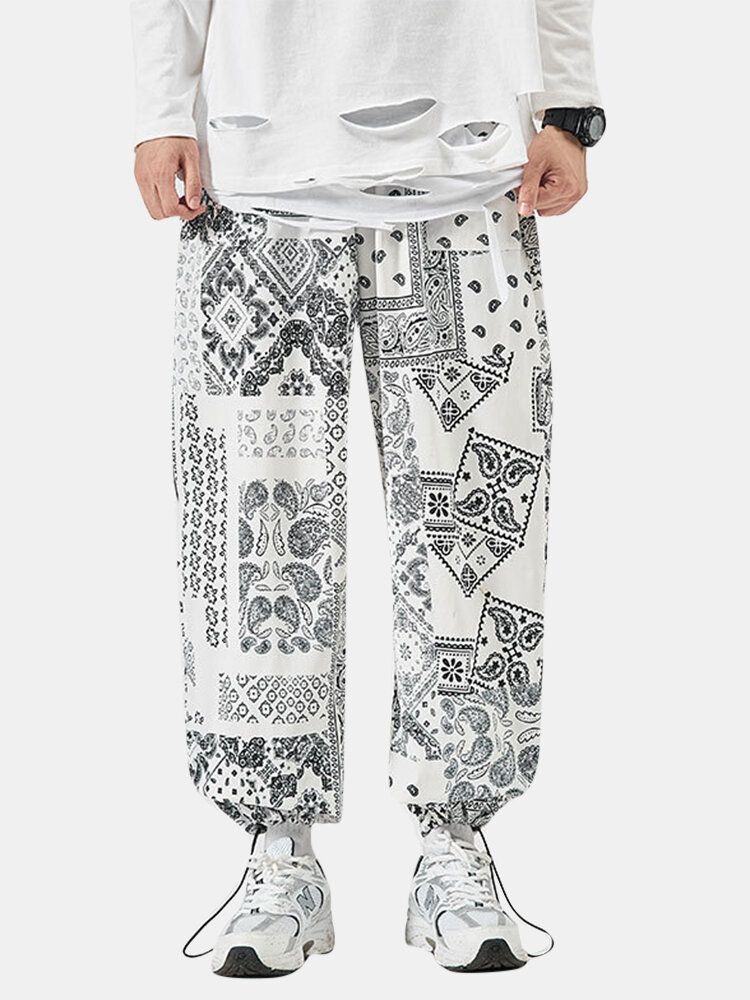 Pantalones De Puño Con Cordón De Ajuste Relajado De Algodón Con Estampado Étnico De Paisley Para Hombre