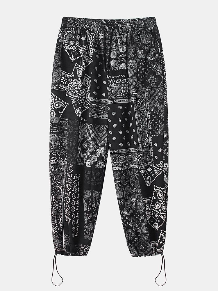 Pantalones De Puño Con Cordón De Ajuste Relajado De Algodón Con Estampado Étnico De Paisley Para Hombre