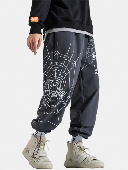 Pantalones De Puño Con Cordón De Algodón Con Estampado De Letras De Tela De Araña Para Hombre