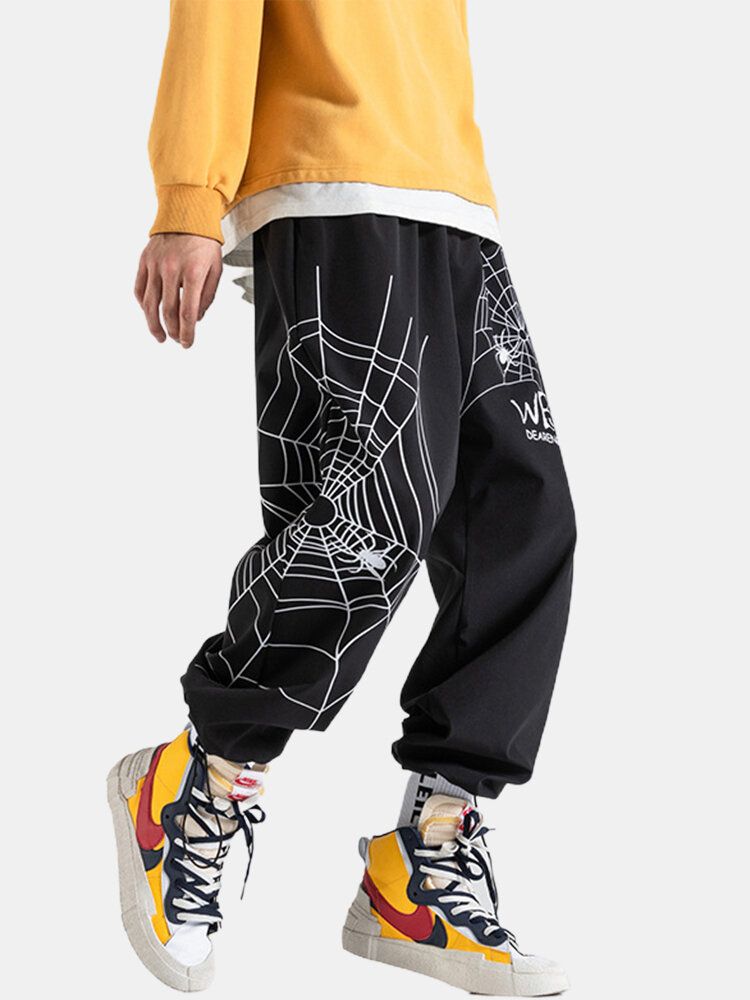 Pantalones De Puño Con Cordón De Algodón Con Estampado De Letras De Tela De Araña Para Hombre