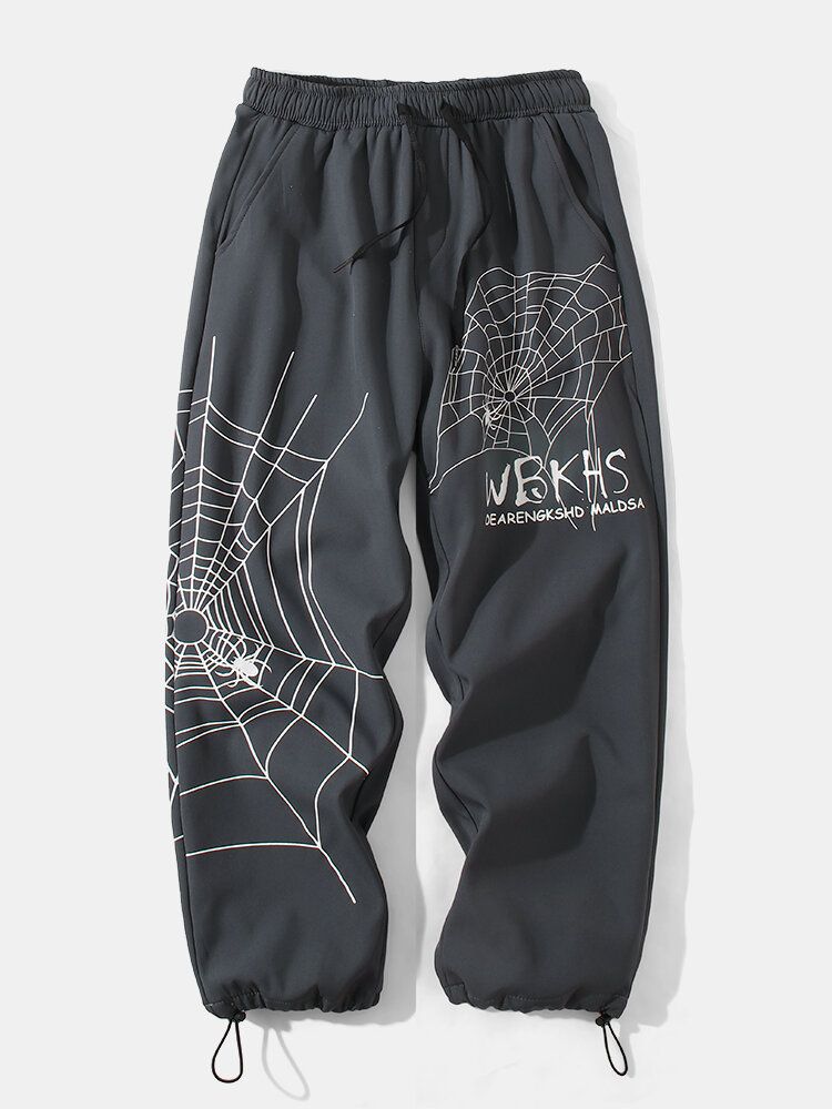 Pantalones De Puño Con Cordón De Algodón Con Estampado De Letras De Tela De Araña Para Hombre