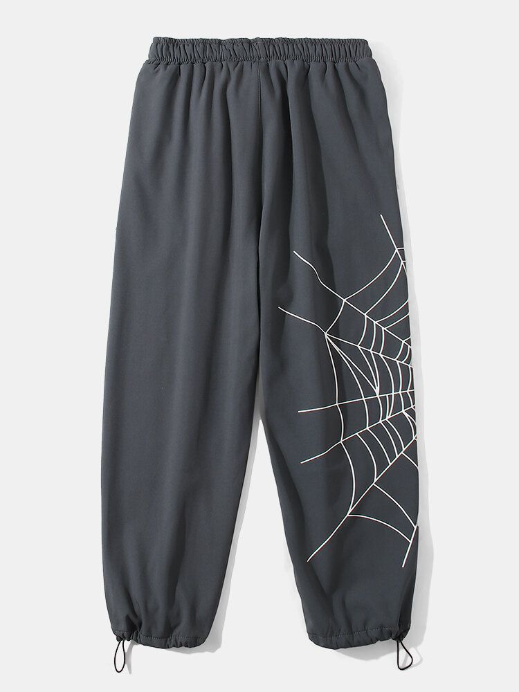 Pantalones De Puño Con Cordón De Algodón Con Estampado De Letras De Tela De Araña Para Hombre