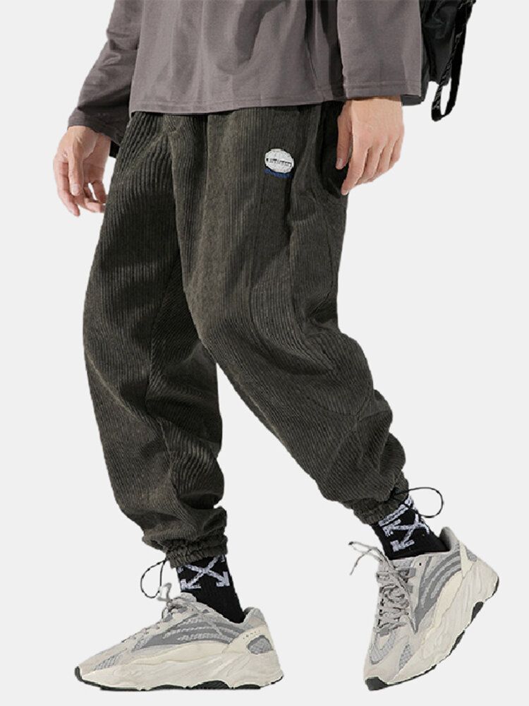 Pantalones De Puño Con Cordón Casual Con Apliques De Pana Para Hombre Con Bolsillo