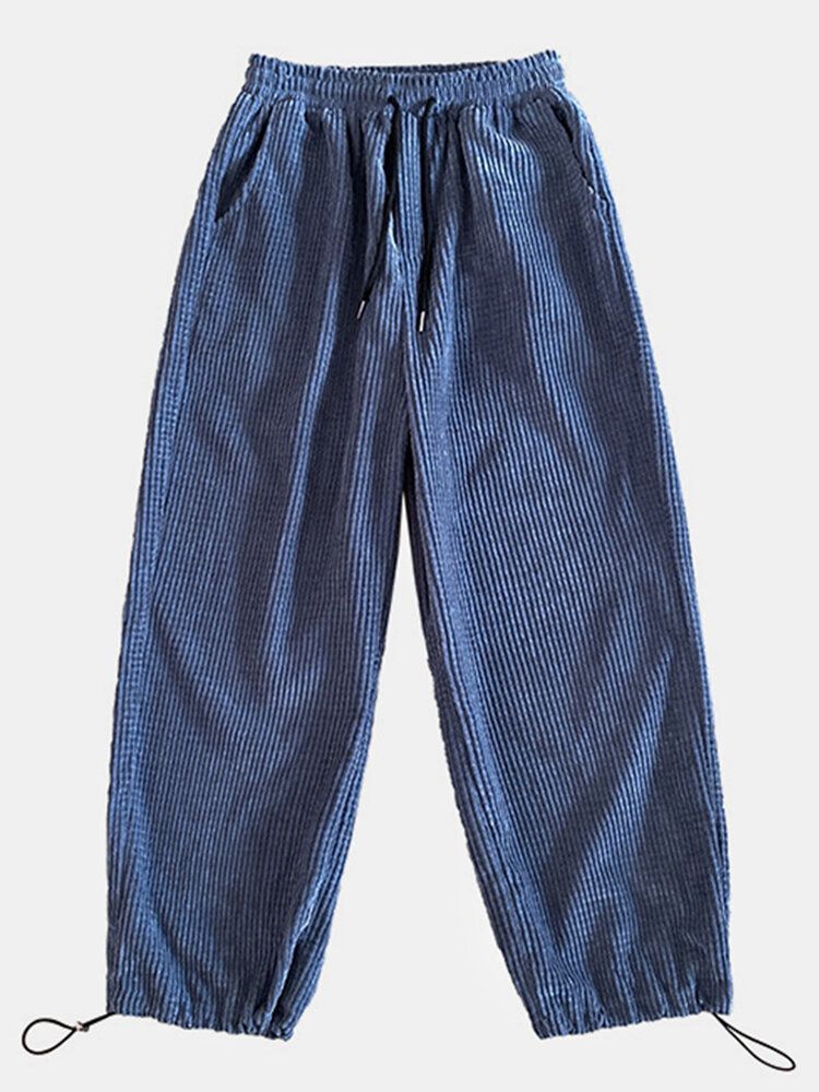 Pantalones De Puño Con Cordón De Estilo Cargo De Algodón De Pana Sólida Para Hombre Con Bolsillo