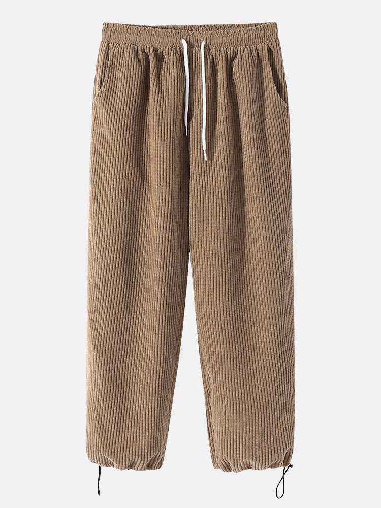 Pantalones De Puño Con Cordón De Estilo Cargo De Algodón De Pana Sólida Para Hombre Con Bolsillo