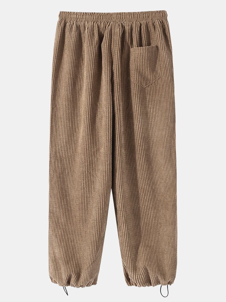 Pantalones De Puño Con Cordón De Estilo Cargo De Algodón De Pana Sólida Para Hombre Con Bolsillo