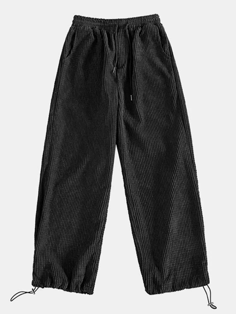 Pantalones De Puño Con Cordón De Estilo Cargo De Algodón De Pana Sólida Para Hombre Con Bolsillo