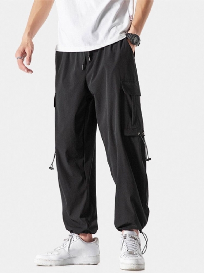 Pantalones De Puño Con Cordón De Estilo Cargo Sólido Para Hombre Con Bolsillo Con Solapa