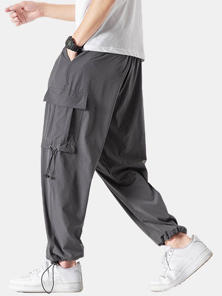 Pantalones De Puño Con Cordón De Estilo Cargo Sólido Para Hombre Con Bolsillo Con Solapa