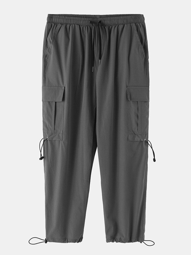 Pantalones De Puño Con Cordón De Estilo Cargo Sólido Para Hombre Con Bolsillo Con Solapa