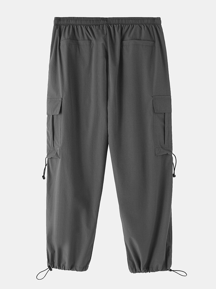 Pantalones De Puño Con Cordón De Estilo Cargo Sólido Para Hombre Con Bolsillo Con Solapa