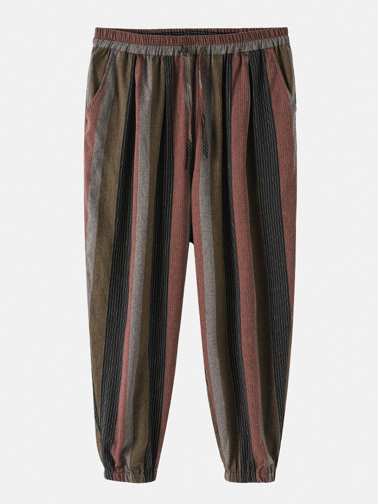 Pantalones De Puño Elástico Con Cordón Informal De Rayas De Colores 100% Algodón Para Hombre