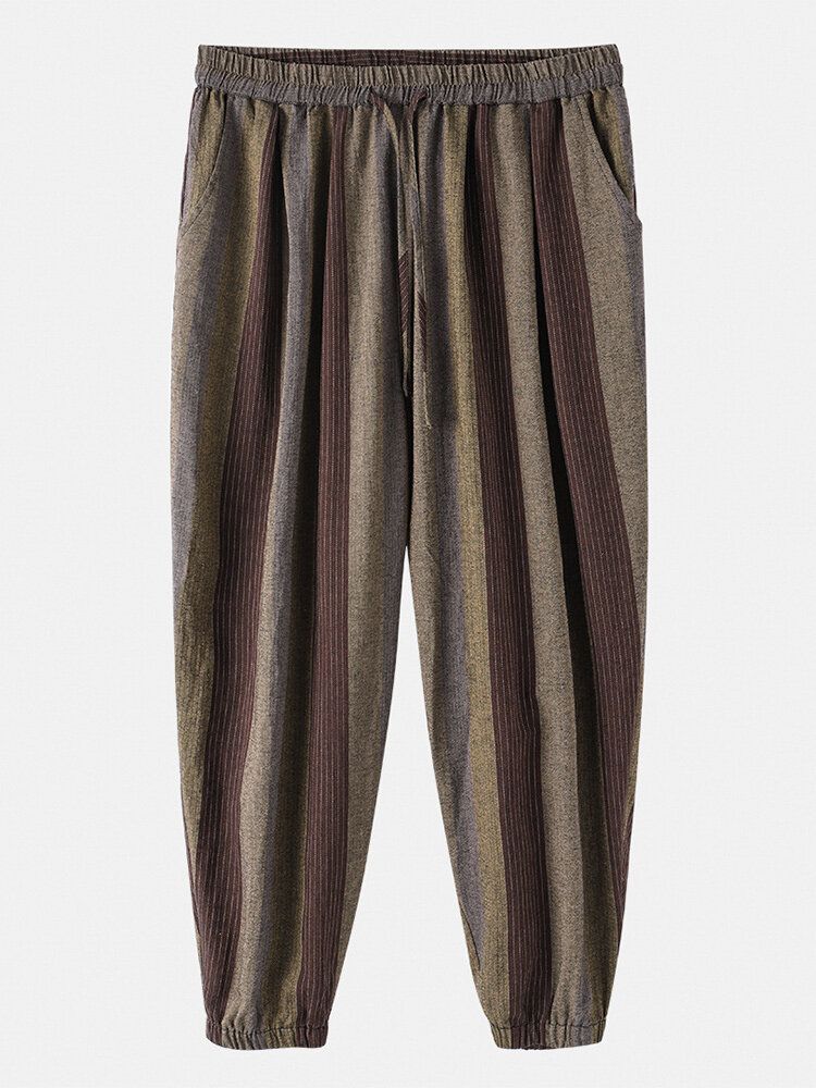 Pantalones De Puño Elástico Con Cordón Informal De Rayas De Colores 100% Algodón Para Hombre