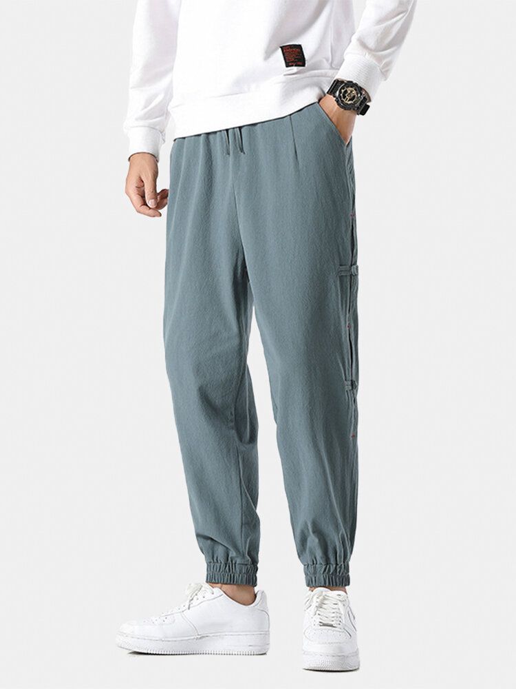 Pantalones De Puño Elástico Con Cordón Sólido De Estilo Nacional Con Botones De Rana Para Hombre