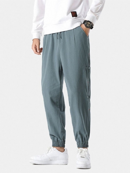 Pantalones De Puño Elástico Con Cordón Sólido De Estilo Nacional Con Botones De Rana Para Hombre