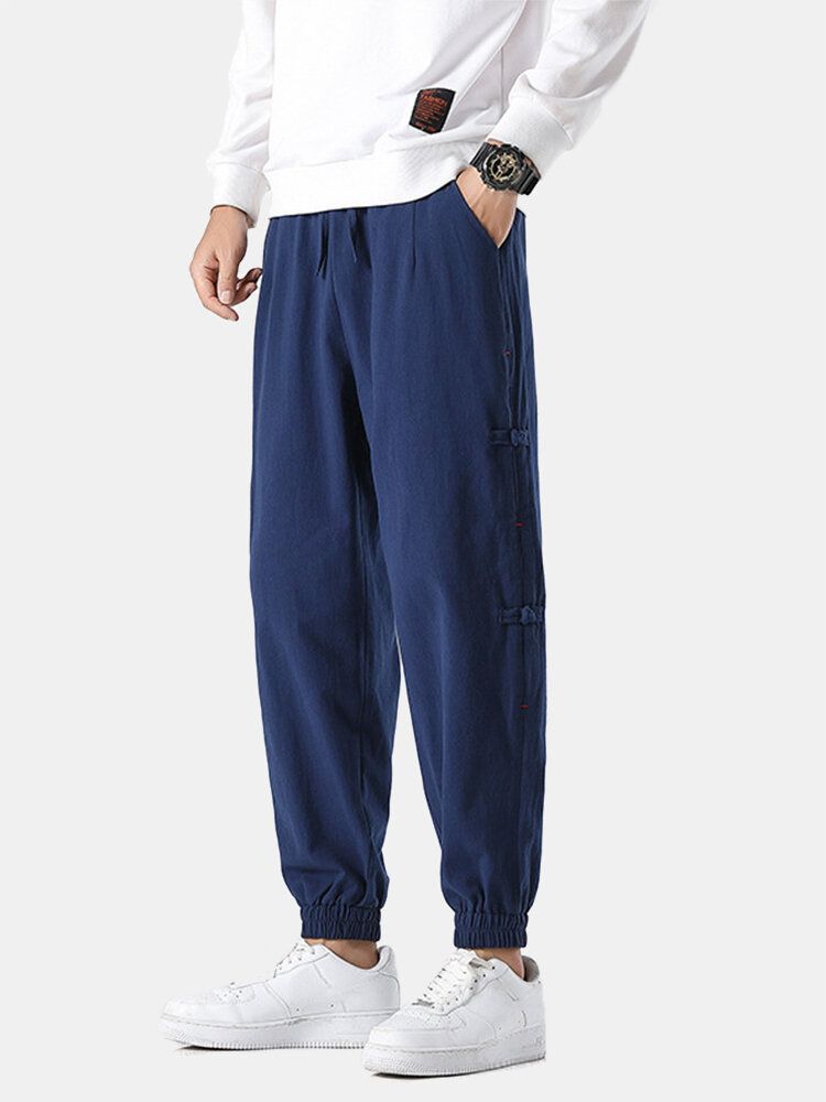 Pantalones De Puño Elástico Con Cordón Sólido De Estilo Nacional Con Botones De Rana Para Hombre