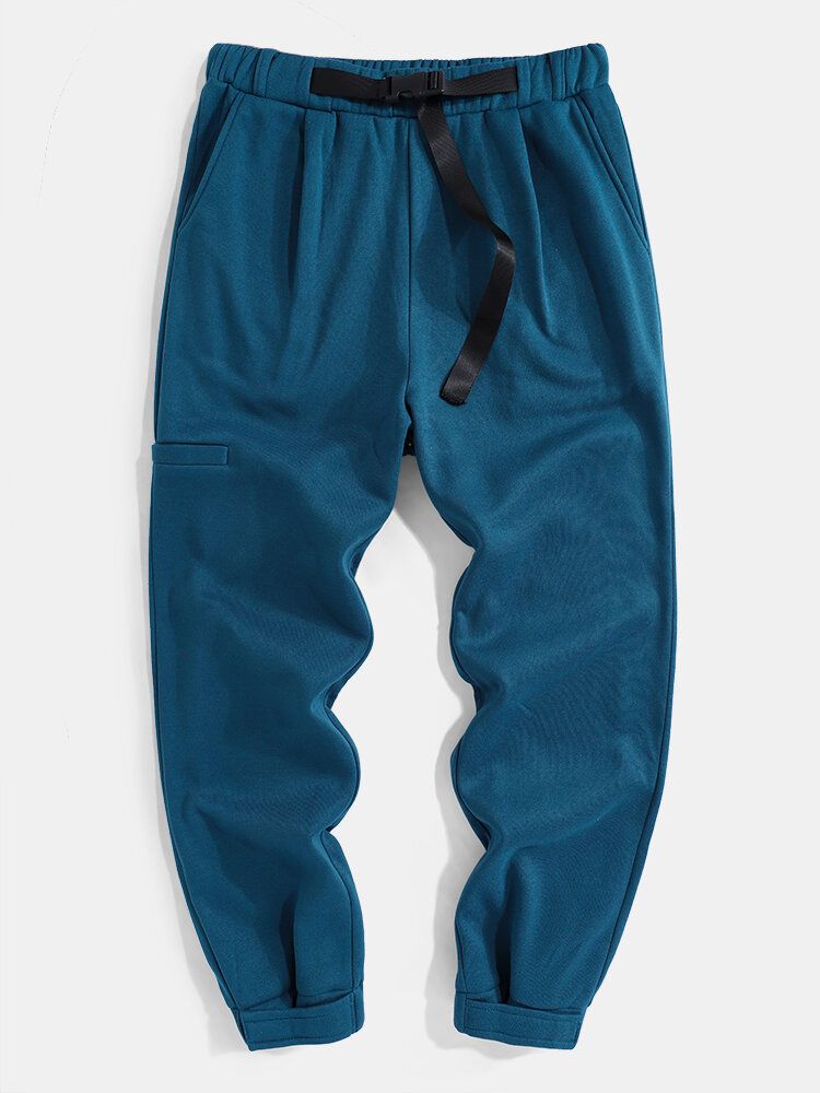 Pantalones De Puños Pegajosos Casuales De Color Sólido Para Hombre Con Cintura Con Hebilla De Empuje