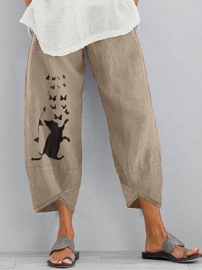 Pantalones Recortados De Cintura Elástica Suelta De Algodón Con Estampado De Mariposa De Gato De Dibujos Animados Para Mujer