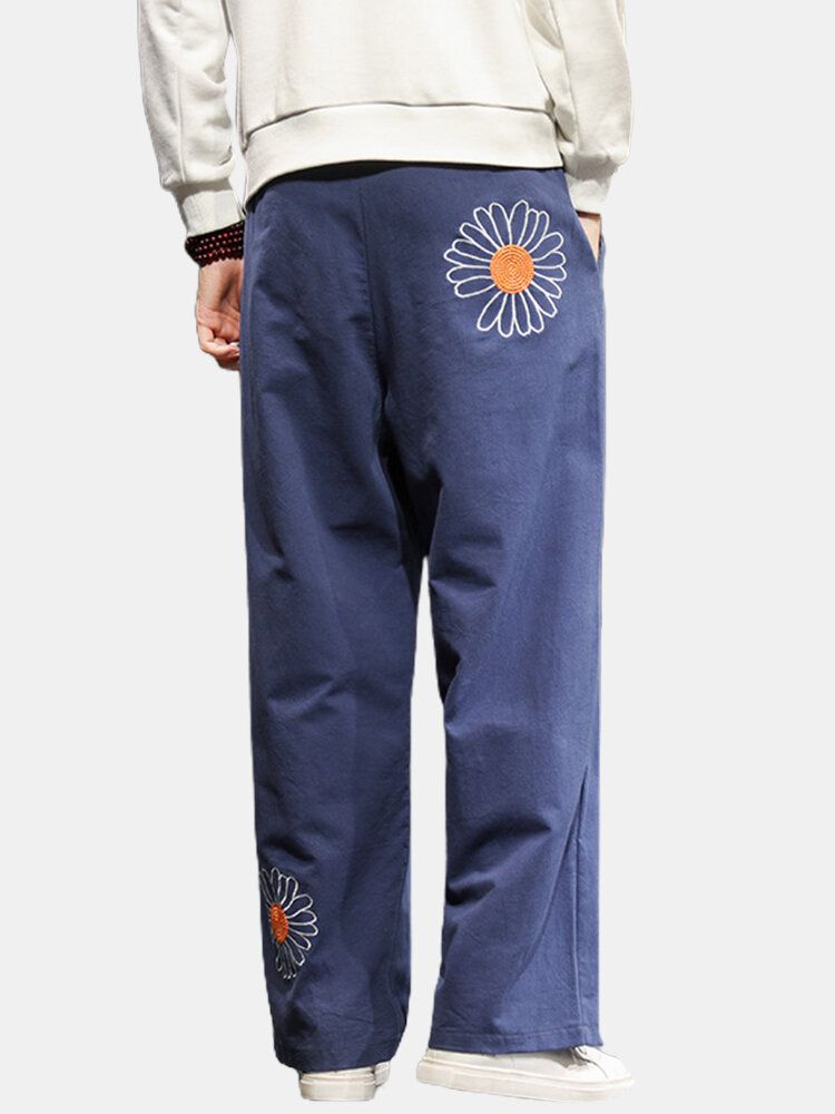 Pantalones Rectos Sueltos De Cintura Con Cordón Informal Bordados Florales Para Hombre