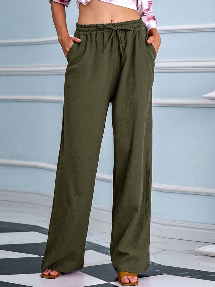 Pantalones Rectos Sueltos De Cintura Media Con Cordón De Color Sólido Informal Para Mujer