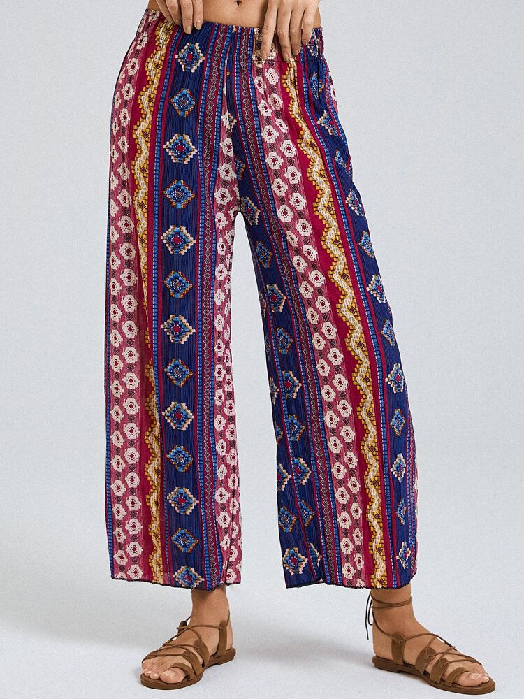 Pantalones De Salón De Pierna Ancha Con Cintura Elástica Con Estampado Étnico Bohemio Para Mujer