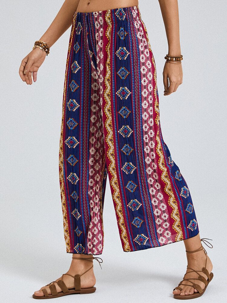 Pantalones De Salón De Pierna Ancha Con Cintura Elástica Con Estampado Étnico Bohemio Para Mujer