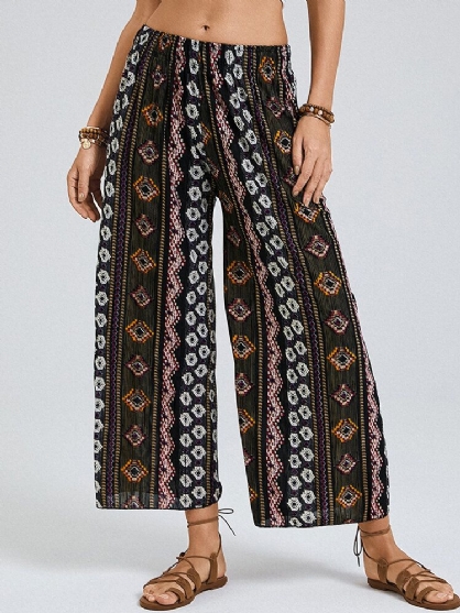 Pantalones De Salón De Pierna Ancha Elásticos De Cintura Alta Con Estampado Étnico Bohemio Para Mujer