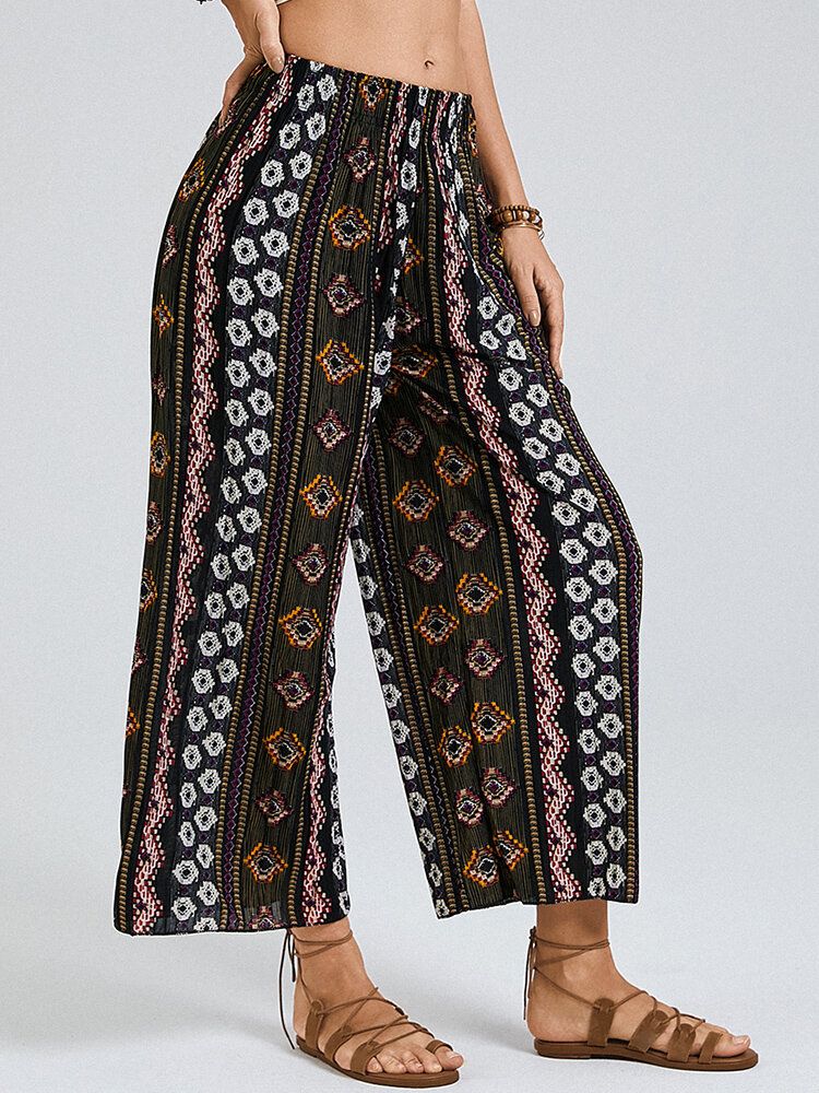 Pantalones De Salón De Pierna Ancha Elásticos De Cintura Alta Con Estampado Étnico Bohemio Para Mujer